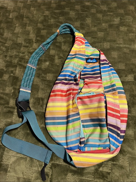 Kavu Handbags - Kavu Multicolor Striped Sling Bag with Teal Strap